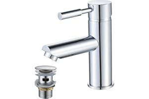 Basin Tap with pop up Waste,Luckyhome Washroom Sink Mixer Taps Single Lever Brass Cold and Hot Water Faucet