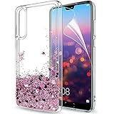 LeYi Hülle Huawei P20 Pro Glitzer Handyhülle mit HD Folie Schutzfolie,Cover TPU Bumper Silikon Flüssigkeit Treibsand Clear Schutzhülle für Case Huawei P20 Pro/P20 Plus Handy Hüllen ZX Rot RoseGold