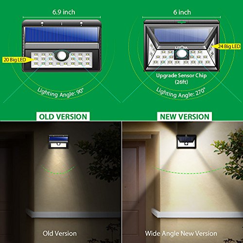 Litom Solarleuchten, 24 LED Wandleuchte Außen, Solar Betriebene Außenleuchte, Wasserdichte 3 Modi Sicherheit Licht für Garten, Zaun 4 Stück - 3