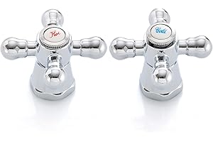 HYDROBIL BFG Jeu de 2 boutons de robinetterie rétro pour eau chaude et froide, chromé, rouge, bleu, pour cuisine, salle de bain, POK.E-RETRO