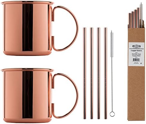 Premium Moscow Mule Copper Mugs / Cups Set: 2x Copper Mugs - 4x Copper Straws + 1x Cleaning brush and a recipe card with tasty cocktails!