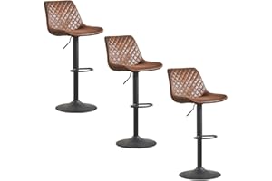 JaHECOME Suede Brown Bar Stools Set of 3- Vintage Swivel Height Adjustable Barstools with Black Metal, Armless Padded Cushion Breakfast Counter Chairs for Kitchen Island, Pub, Restaurant, Café (Brown)