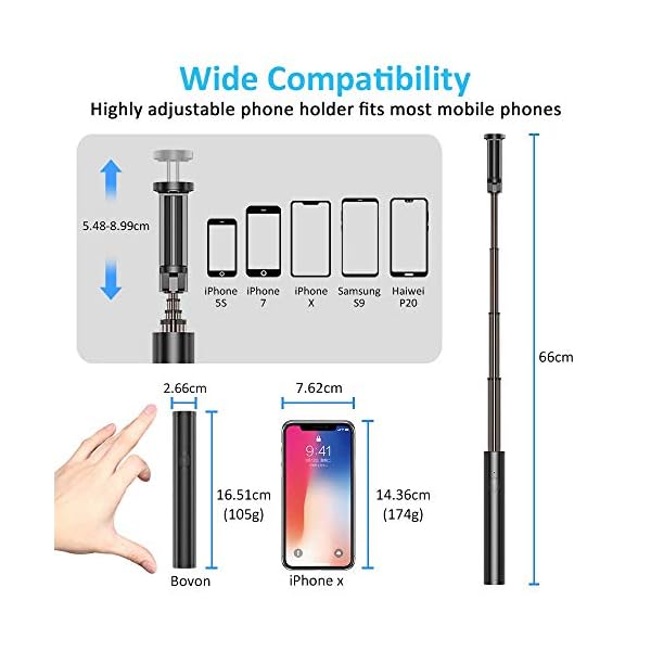 Bovon Selfiestick Bluetooth, Aluminium All-in-one Leicht Tragbare Selfiestange, Erweiterbarer Selfie Stick für iPhone 11 Pro Max/XS Max/Xr/X/8 Plus, Galaxy S10 Plus/S10e/Note 9/S10 Plus usw. – Bild 3