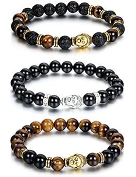 cupimatch 3 Herren Frauen 8mm synthetisch Achat Lava Rock Stein BUDDHA Perlen Armband Gebet Mala Stretch Energiearmband