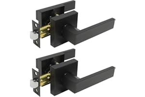 Probrico 2 Pack Square Interior Passage Door Lever for Hallway Stainless Steel Closet Two Sides Flat Reversible Door Handle with Latch Black