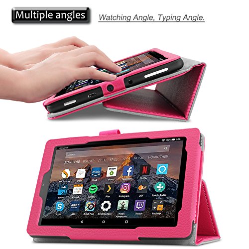 Amazon Fire 7-Hülle (7-Zoll-Tablet, 7. Generation – 2017), Infiland Slim Fit Folio PU-lederne dünne Kunstleder Schutzhülle Cover Tasche für Das neue Fire 7 (2017), 17,7 cm (7 Zoll) Display Tablet / 2015 Modell (mit Auto Schlaf / Wach Funktion)(Magenta) - 4