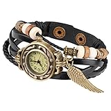 Taffstyle Damen-Armbanduhr Analog Quarz mit Leder-Armband Geflochten Charms Anhänger Uhr Retro Vintage Flügel Gold Schwarz