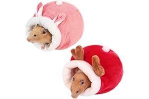 WIRZUL 2-teiliges Haus für Meerschweinchen, Haustierbetten, bequem, bedruckt mit Cartoons, Schlafen, Winter, Innenbereich, Hütte für Chinchilla/Igel/Meerschweinchen, Rot und Rosa