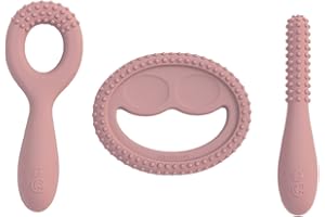 ezpz Mundentwicklungswerkzeuge (3 Stück in Rouge) – rutschfeste Schlaufe, Lächeln und Stick, 100 % Silikonwerkzeuge, die den Sprachton fördern – sensorische Unebenheiten – spülmaschinenfest