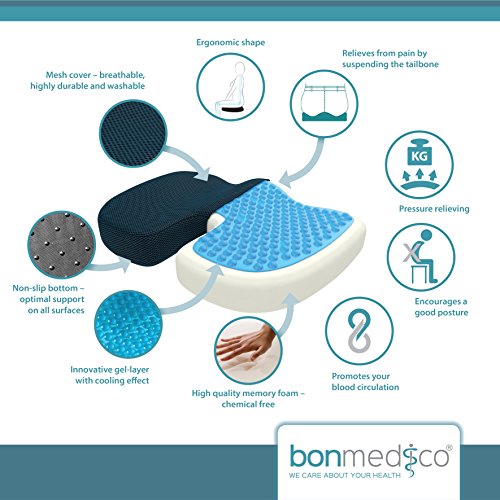 Bonmedico® Orthopädisches Sitzkissen Mit Innovativer Gel-Beschichtung Und Anti-Rutsch Bezug, Wirkt Schmerzreduzierend, Sorgt Für Gerade Körperhaltung Und Steißbein-Entlastung, Geeignet Für Auto, Büro- & Rollstuhl Sowie Reisen (Standard) - 2