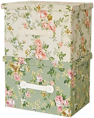 2 Classsic Flower Pattern Storage Boxes (1 Green and 1 White)Simulated Lining Fabric Folding Storage Boxes with Lid