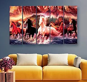 Artdira 7 Horses Vastu Prosperity Multiple Frames Wall Painting For Living Spaces, Bedroom, Hotels & Office With Sparkle Touch 7mm Hard Wooden Board (50 30 inches) AD_MFC_66