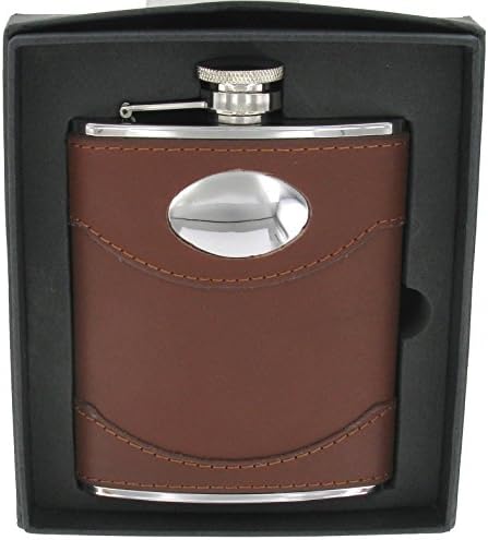 Brown Spanish Leather 6oz Hip Flask Set with Engravable Plate FL30S