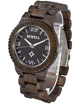 Bewell Holz Armbanduhr Quarzwerk Analog Vintage Style für Herren mit Leuchtende Zeiger W065A (Schwarz)
