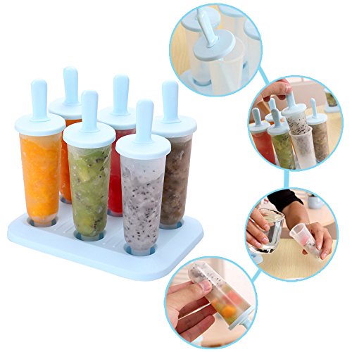 Joyoldelf 6-er Set Eis Lutscher Ice Pop Moulds Maker Eis Forme Wiederverwendbaren Stieleis-Formen für Kinder mit schenken 3 Silikon Eis Lutscher Formen (Blau) - 2