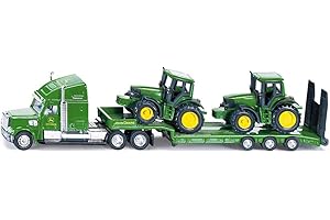 siku 1837, Tieflader mit 2 John Deere Traktoren, 1:87, Metall/Kunststoff, Grün, Klappbare Heckklappe