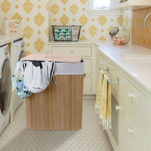 Songmics faltbar Bambus Wäschekorb 100 L (62,5 x 52 x 32 cm) Wäschebox mit Wäschesack zum Herausnehmen natur LCB63Y - 2