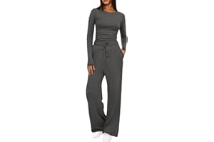 MOBEUR Womens Tracksuit Set Two Piece Outfits Stretch Long Sleeve Crop Top and Drawstring Elastic Waist Wide Leg Trouser Skims Dupe Lounge Sets Y2k Outfits Ladies Yoga Trousers Suit