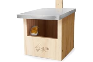 WILDLIFE HOME Nichoir à oiseaux pour rouge-gorge, troglodyte et demi-caverne avec toit en métal I selon NABU en bois massif vissé I résistant aux intempéries et non traité I Nichoir à oiseaux