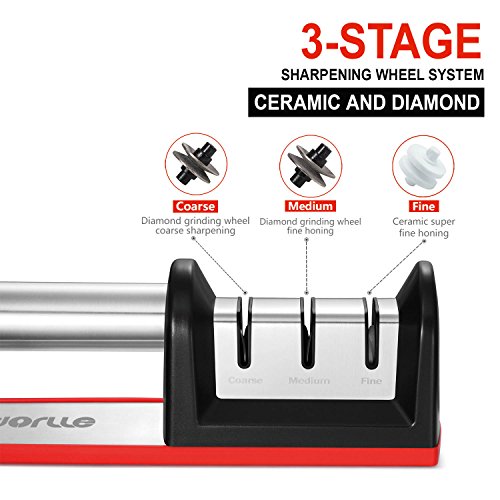 Dorlle Messerschärfer Messerschleifer , Messerschleifmaschine 3-stufig Messer Schärfwerkzeug hilft Reparatur, Diamant beschichtet Schärfen Rad System, rot - 2