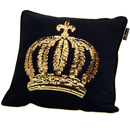 GLÖÖCKLER by KBT Bettwaren 4001626021628 Zierkissen gefüllt schwarz mit goldener Pailletten Krone, 50 x 50 cm Samt