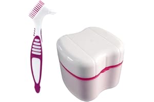 SAGASAVE Kit de estuche y cepillo para prótesis dentales, caja de baño para dientes falsos con colador, caja de almacenamiento de retenedor dental [rosa]
