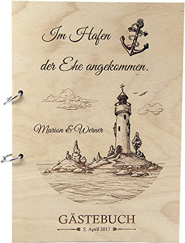 Rustikales Gästebuch aus Holz zur Hochzeit personalisiert Hochzeitsbuch Hochzeitsgästebuch graviert Maritim Leuchtturm (96 Seiten / 48 Blatt)