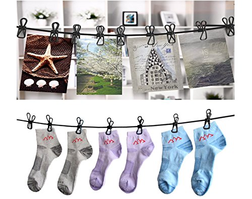 Leisial Flexibel Wäscheleine mit 12-Stück Clips und Beiden Haken- Super Praktisch Seile für Reise Camping Picknick Behausung (Schwarz) - 5