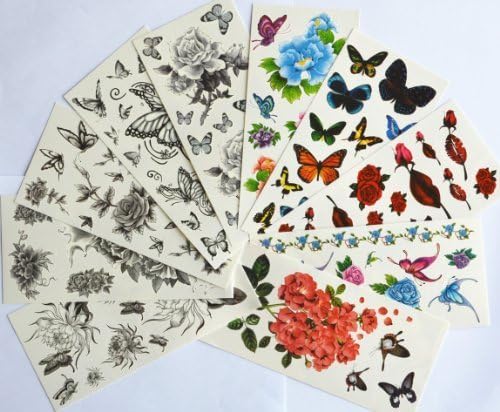 10pcs/package hot selling temporary tattoo stickers various designs including black flowers and butterflies/roses/peony/Chrysanthemum/colorful flowers and butterlies/red lips/red roses/etc.