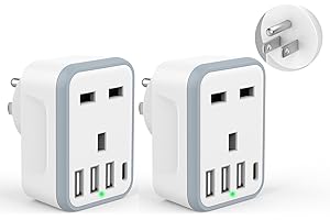 LOYDIA 5 in 1 USA Travel Adapter, 2 Pack US Adaptor, UK to Canada Plug Adapter with 4 USB Ports, America Adapter Plug for USA, Canada, Mexico, Thailand, Colombia, Philippines, UK to US Plug Adaptor Type B