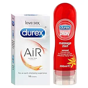 Durex Air Condoms for Men - 10 Count with Durex Lube Sensual Massage and Lubricant Gel for Men & Women - 200ml | Water based lube | Suitable for use with toys