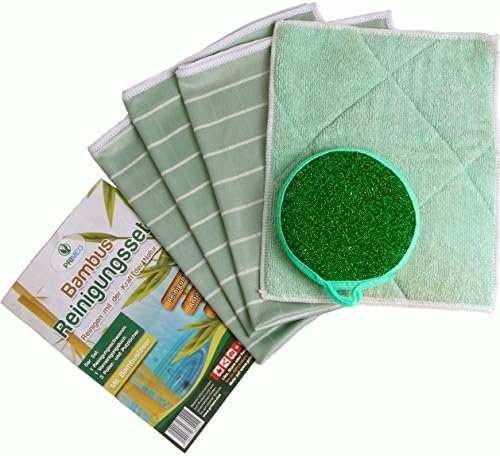 Original Primeo Cleaning Towel, Bamboo towel set of 5 Tea Towels and Sponge with Bamboo Fiber, No Lint and Streaks Fast and Easy Clean, Entstauben, Dry, Polishing (Light Green)