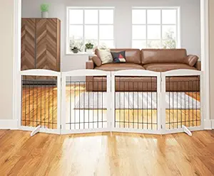 PAWLAND 96-inch Extra Wide Dog gate for The House, Doorway, Stairs, Freestanding Foldable Wire Pet Gate, Set of Support Feet Included (White, 30