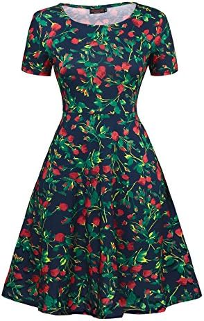 Vessos Women Short Sleeve Crew Neck Floral Shift Dress with Pockets Navy Blue3 XX-Large