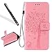 Produktbild lederhülle für HTC M9,Wallet Hülle für HTC M9,Leeook Elegant Reizend Kreative Rosa Baum Blumen Katze Schmetterling Muster Entwurf Prägung PU Leder Filp Case Cover mit Lanyard/Strap Ständerfunktion Kartenfächer Magnetverschluss Book Style Flip Folio Brieftasche Schale Handytasche Schutzhülle Etui Tasche für HTC M9 + 1 x Schwarz Eingabestift-Pink
