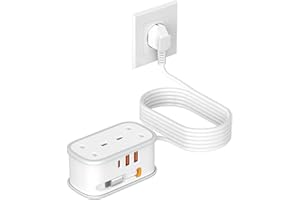 UK to European Plug Adapter with 1.5M Extension Cable, BEVA 2 Way 3 USB (2A+1C) Travel Adapter with Retractable USB C Cable for Germany France Spain Turkey Greece Iceland etc (Type E/F)