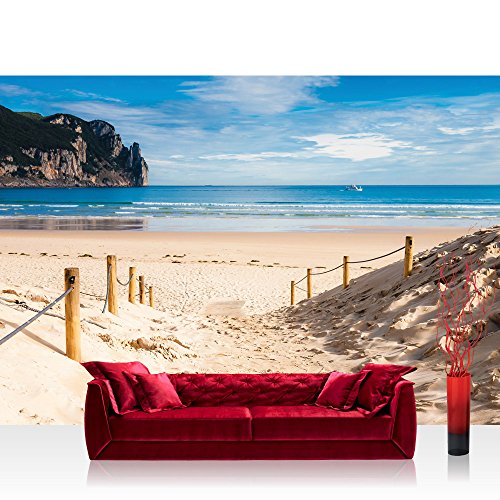 Vlies Fototapete 208x146cm PREMIUM PLUS Wand Foto Tapete Wand Bild Vliestapete - Meer Tapete Strand Horizont Boot Wasser ocker - no. 2662