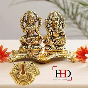 RCI Handicrafts White Metal Gold Plated Laxmi Ganesh Chocki Diya God Idol Exclusive Gift For Diwali, Corporate Gift And Wedding Return Gifts