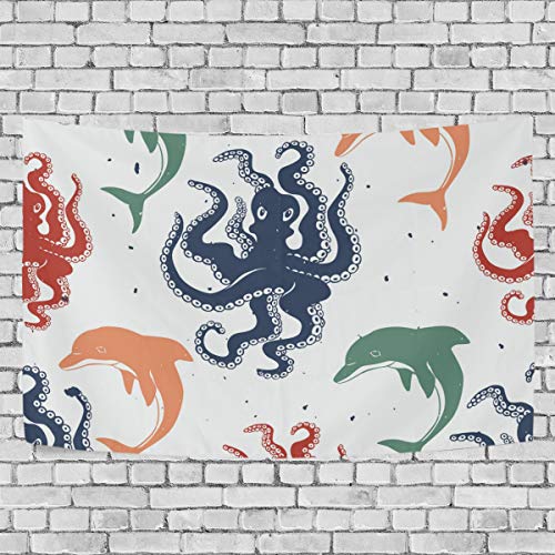 RainbowSugar Octopus Dolphins The Mist Tapestry Wall Hanging Artwork Light-weight Polyester Fabric Cottage Dorm Wall Art Home Decorations 60x40 Inches