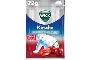 ‎WICK WICK Kirsche und Eukalyptus ohne Zucker – Wohltuendes Hustenbonbon mit Sauerkirschsaft und Eukalyptusöl für ein tiefes Atemerlebnis – 1er Pack (1 x 72 g)