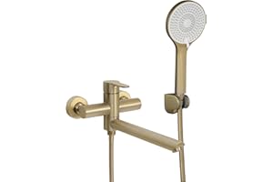 PHASAT Robinet baignoire mural avec douchette, Robinet Mitigeur pour,Salle de Bains en Acier Inoxydable bec rotatif à 90°,Or Brossé PTBG13E