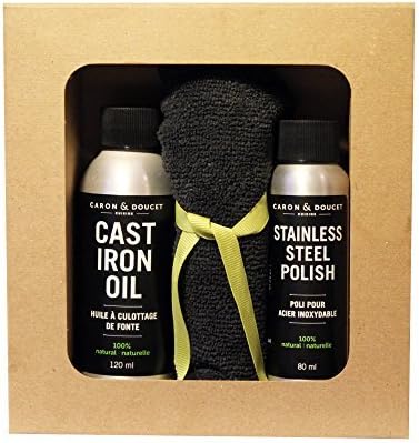Caron &amp; Doucet - Cast Iron Cook's Gift Set Bundle: 3 Items - 1 Cast Iron Oil, 1 Stainless Steel Oil &amp; 1 Microfiber Cloth.