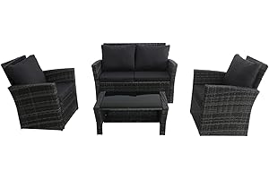 COZYBRITE Rattan Sofa Garden Furniture Set 4 Seater with Armchair Cushions Coffee Table & Outdoor Waterproof Cover SFS009- (Mixed Grey with Dark Cushion)