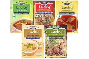 Lucky Masala Combo Pack för ris och curry, 1,7 oz. (Pulao, Biryani Masala, Kyckling Biryani Masala, Kött Masala, Kyckling Masala)