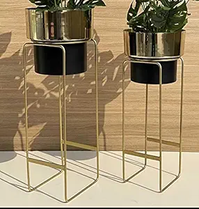 HOMEROX Metal Planter Gold and Black Planter | Indoor Outdoor Planter Gold, Set of 2