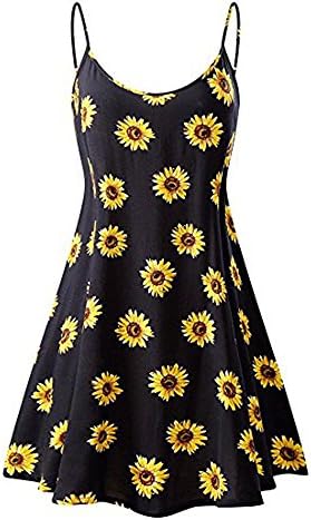 Ulanda-EU Womens Dresses Ladies Sunflower Floral Print Sleeveless Dress Casual Evening Party Mini Summer Dresses for Teen Girls Women