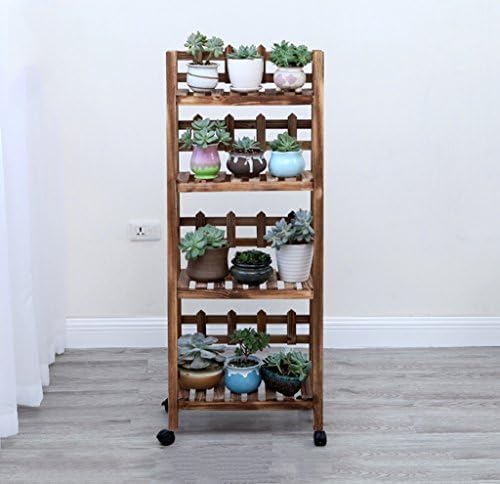 HJHY® Flower racks, Solid wood balcony living room Fall on the ground mobile Shelf Flower shelf Multi-fence 3 layers Carbonized color Plus tires Corrosion-resistant, durable ( Size : 50*31*98cm )