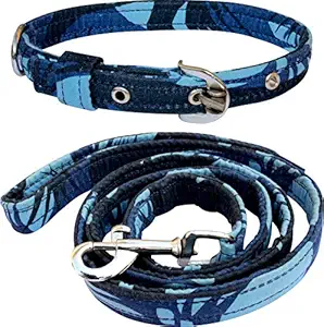 S.Blaze Dog Belt Combo of 3D Printed Blue Color Dog Collar & Dog Leash Specially for Small Breeds Dog Collar Leash (Small)