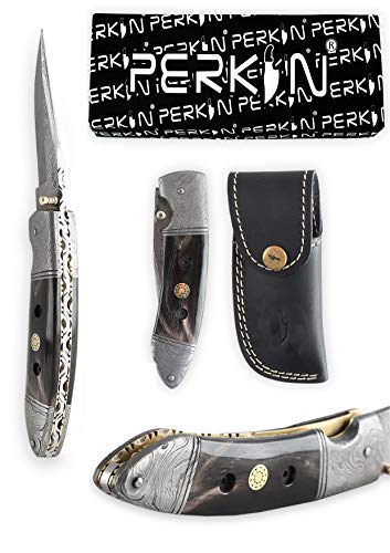 Navaja de caza adamascada con funda de cuero