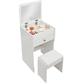 Standing Dressing Table with Folding Mirror and Chair, 1 Drawer, 1 Foldable Storage Compartment with Dividers, MDF Makeup Tab
